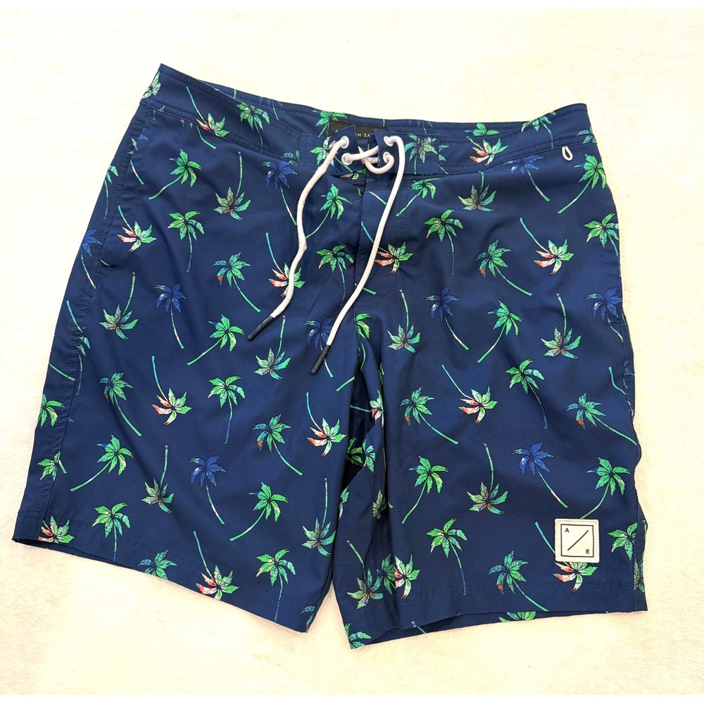 American Eagle Mens Navy Blue Palm Tree Tropical Board Shorts Swim Trunks Large